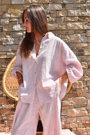 Sundaze Cheesecloth Chalk Stripe Boyfriend Shirt Rose